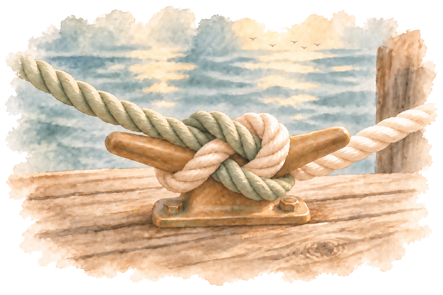 Two ropes secured around a bronze cleat, with distant doves flying towards the viewer near the sunset.