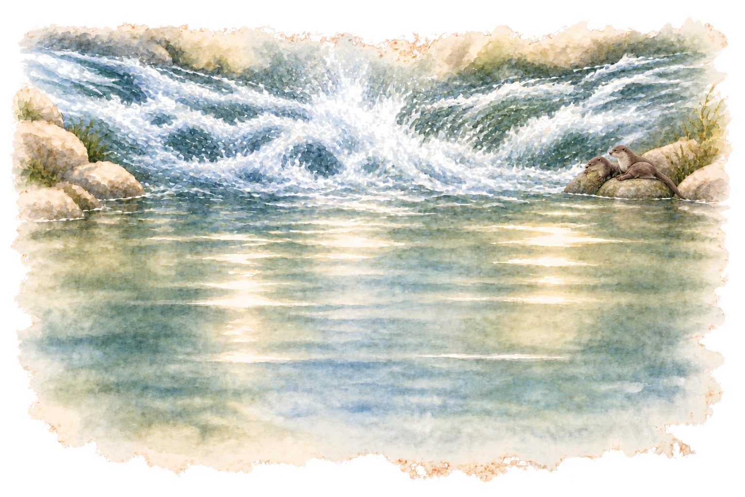 Two rushing streams collide and settle into a calm pool, with two small otters resting together on a rock beside the quiet water.