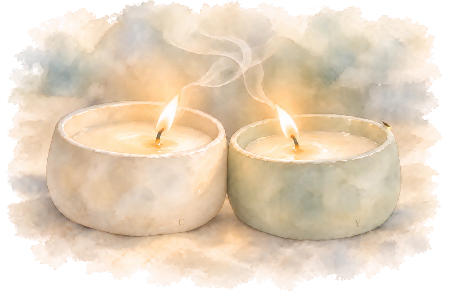 Two glowing ceramic candles with joining wisps and a tiny firefly near the rim.