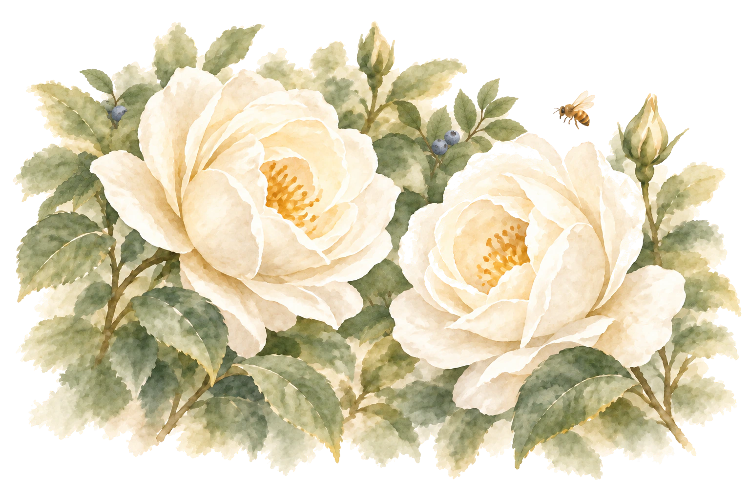 Two white roses opening towards one another, with subtle blueberries behind the leaves and a small bee nearby.