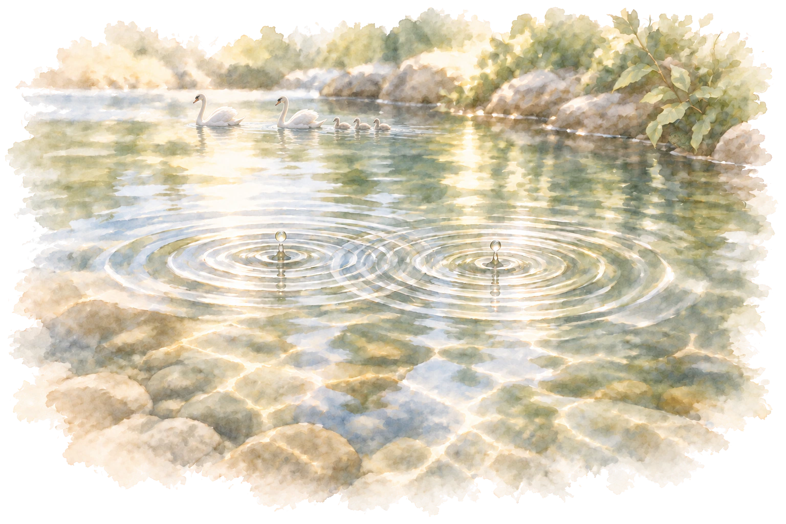 Two drops make overlapping ripples in a quiet river, with two swans and their cygnets in the distance.