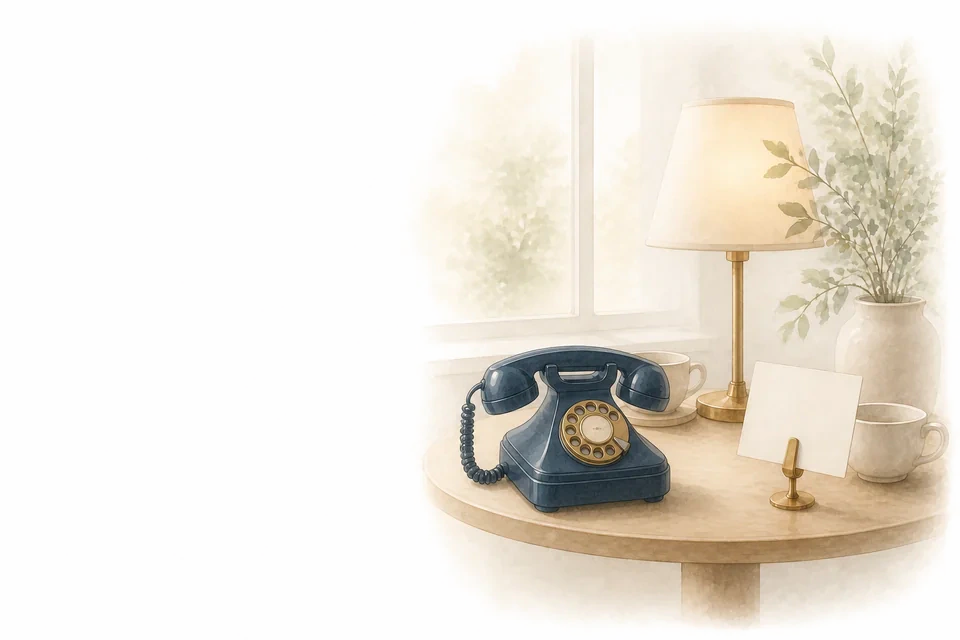 Een complete marineblauwe bureautelefoon naast een lamp, twee kopjes en een blanco afspraakkaart