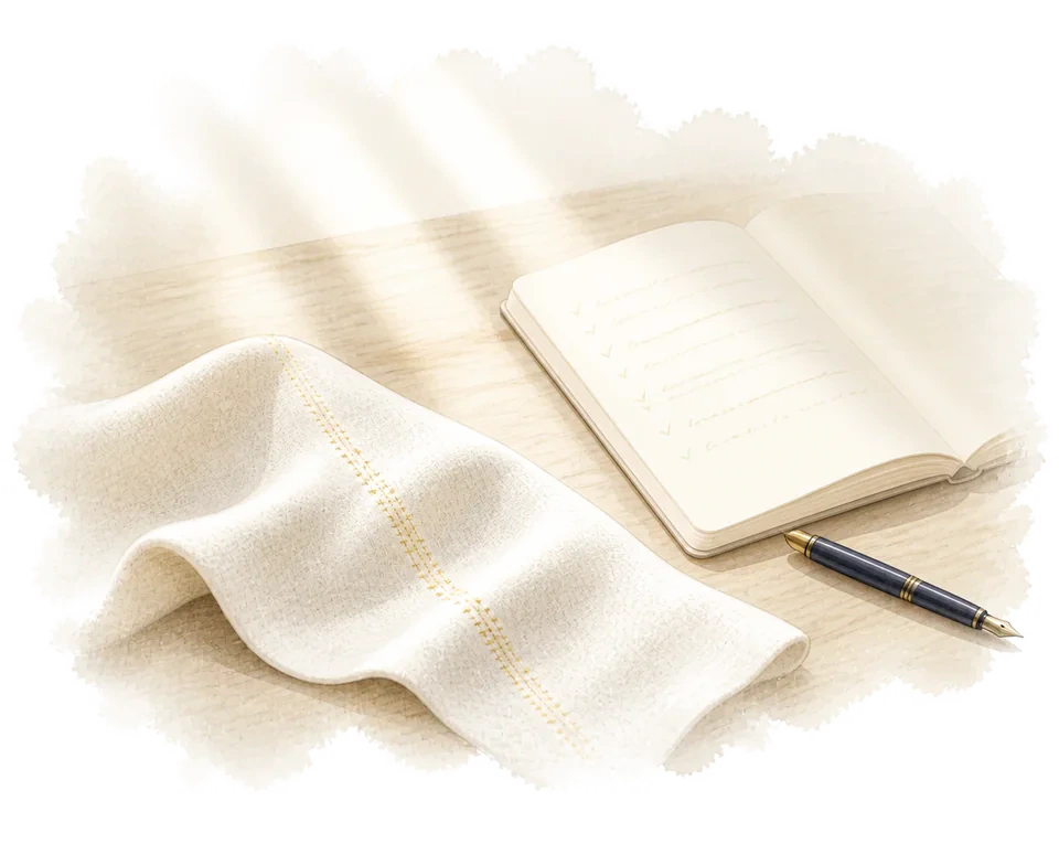 Hersteld crèmekleurig linnen met een verfijnde gouden naad naast een open notitieboek en vulpen