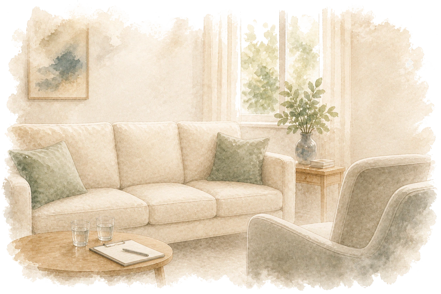 A calm, empty therapy room with a sofa, an armchair, two glasses of water and a notepad with a pen.