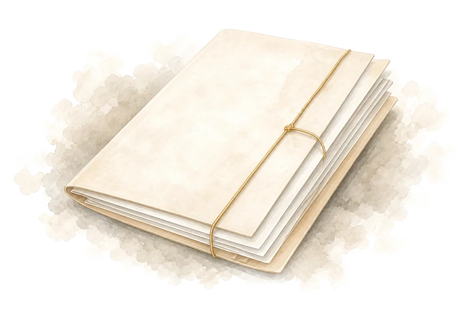Een zorgvuldig gebonden crèmekleurig dossier met een fijn gouden koord